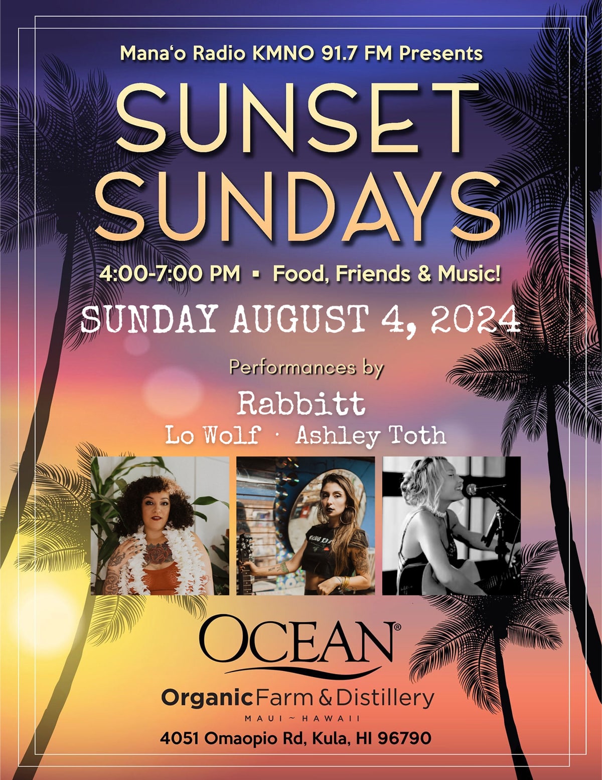 Mana'o Radio Sunset Sundays at Ocean Distillery August 4th 2024
